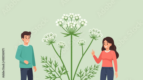 A man and woman stand beside a large flowering plant with white blooms