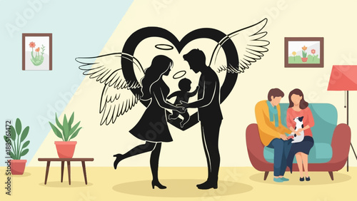 A loving family silhouette embracing, with winged heart and seated couple
