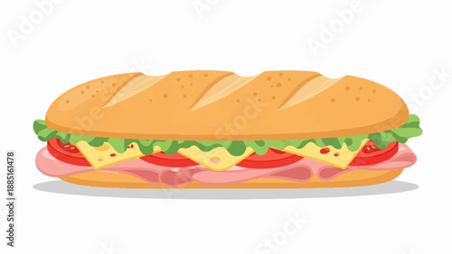 A long sub sandwich with ham, cheese, tomato, and lettuce