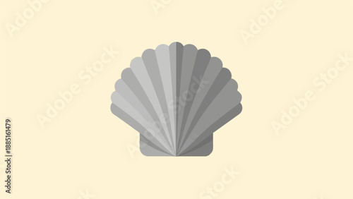 A simple graphic of a grey scallop shell with a plain pale yellow background
