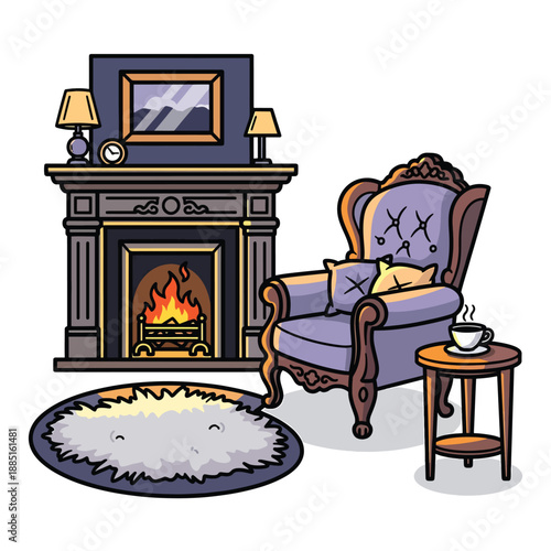 A cozy living room with a warm fireplace