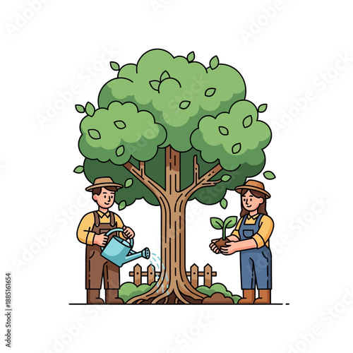 Farmers Planting Tree, Sustainability Concept, Organic Farming, Gardening, Growth