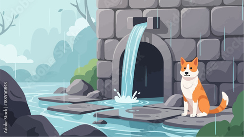 A lone dog sits patiently by a stone tunnel in a rainy landscape