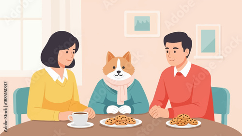 A heartwarming scene of a couple and their dog enjoying coffee and cookies at a table