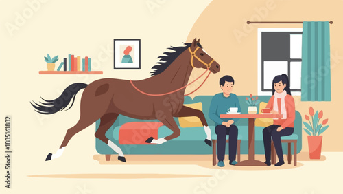 A horse gallops through a living room where a couple enjoys coffee