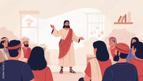 A spiritual leader addresses a gathered crowd in a simple room with potted plants