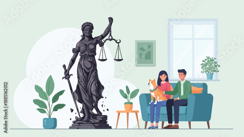 A justice statue stands tall next to a couple and dog relaxing indoors