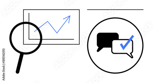 Magnifying glass over upward growth chart and two speech bubbles with checkmark highlight analysis and validated communication. Ideal for business, growth, communication, research, data, validation