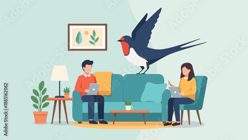 A large bird perches on a couch between two people working on laptops