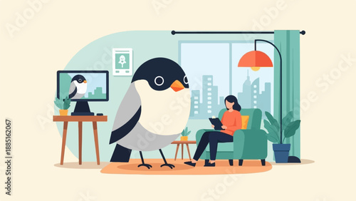 A large bird appears in a room where a person is sitting on a sofa