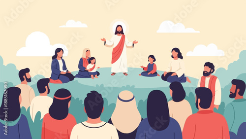 A spiritual leader with a halo addresses a diverse group of people outdoors