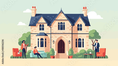 A large brick house with a blue roof and two people relaxing