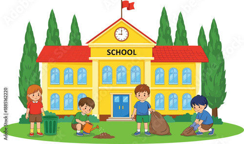 Professional school gardening vector featuring students watering plants and cleaning grounds in front of a yellow school building.