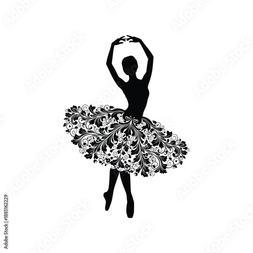 Elegant ballerina silhouette in floral tutu poses dramatically on white background with arms raised