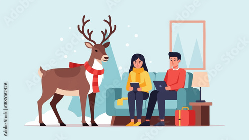 A reindeer in a scarf greets people inside during winter