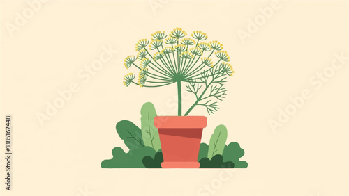 A lone dill plant with yellow flowers blooms in a terracotta pot