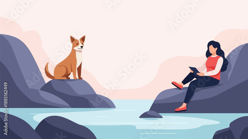 A peaceful scene with a dog on a rock overlooking water and a woman reading