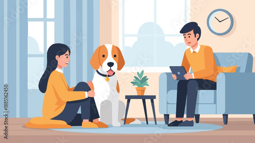 A relaxed domestic scene with a couple, their dog, and a plant