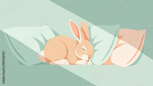 A peaceful, sleeping rabbit rests comfortably on soft, light green pillows