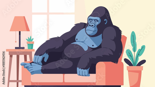 A relaxed gorilla lounging comfortably on a modern sofa in a minimalist room
