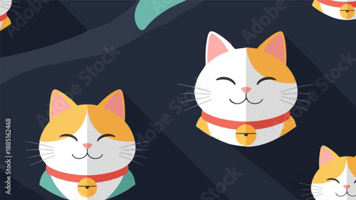 A repeating pattern of cheerful, stylized cats with orange and white markings