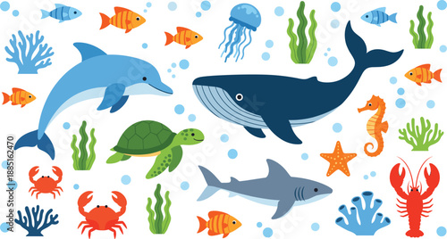 Cute cartoon underwater sea animals vector set with whale dolphin shark turtle fish coral plants