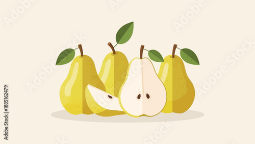 A stylized illustration of yellow pears, some whole, one halved, and one slice