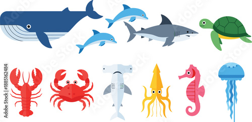 Cute cartoon underwater sea animals vector set with whale, dolphin, shark, turtle, crab, squid, and jellyfish