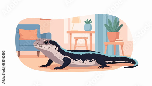 A reptile with blue stripes rests in a living room