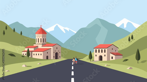 A road leads to a village with a church and houses in a mountainous landscape