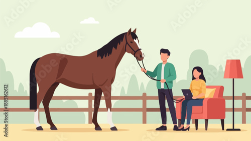 A man holds a horse while a woman works on a laptop nearby