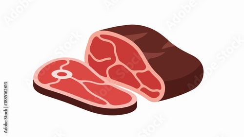 A stylized isometric illustration of a large raw steak and two sliced pieces