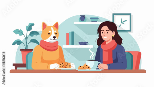 A person and a dog share cookies and coffee indoors