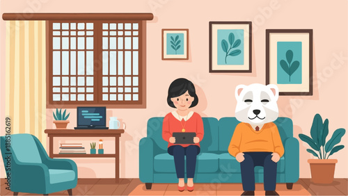 A person and a dog sit on a sofa in a room