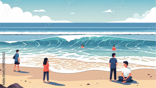 A pixelated scene of a beach with gentle waves and people enjoying the water and sand