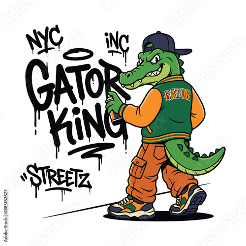 Hip Hop Alligator Mascot Spraying Graffiti Art on Wall