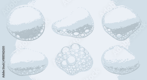 Collection of six abstract white soap foam blobs with varied bubble sizes against a light blue background for cosmetic design