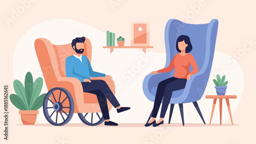 A man in a wheelchair and a woman sit in chairs talking