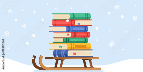 A stack of colorful books sits on a wooden sled amidst falling snow