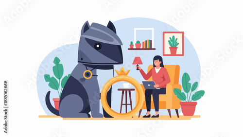 A robot dog sits next to a ring, as a person works on a laptop