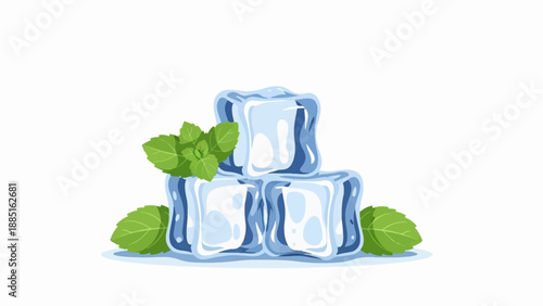 A stack of transparent ice cubes with fresh green mint leaves