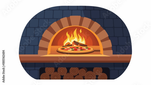 A pizza bakes in a rustic wood-fired oven with a warm glow