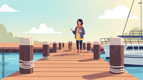 A person and dog on a wooden pier with a boat docked