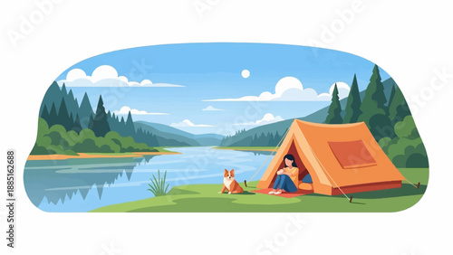 A person and dog relax by a tent next to a serene lake and forested mountains