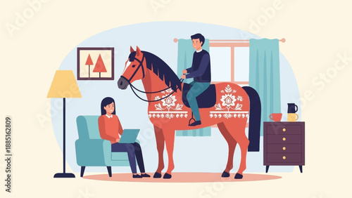 A man rides a decorated horse in a room with a woman using a laptop