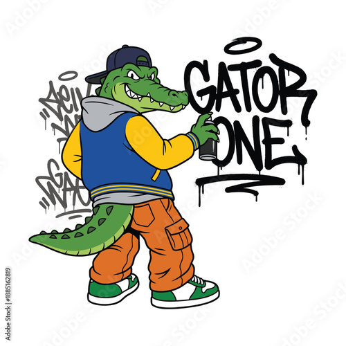 Hip Hop Alligator Mascot Spraying Graffiti Art