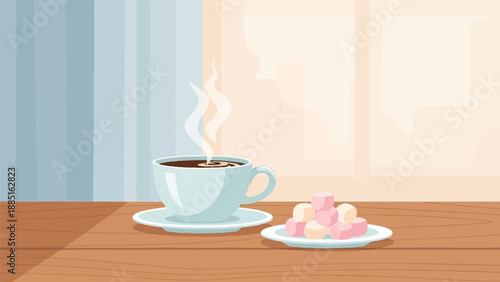 A steaming cup of coffee sits on a saucer beside a plate of colorful sweet treats