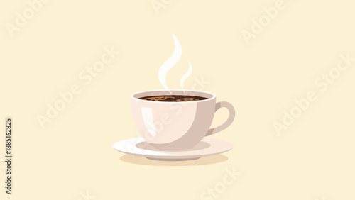 A steaming cup of coffee rests on a saucer against a pale yellow background
