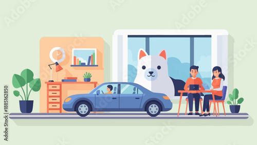 A person drives a car past a desk and a giant dog, while two people work on laptops