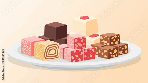 A plate of assorted colorful, cubed sweet treats with various toppings